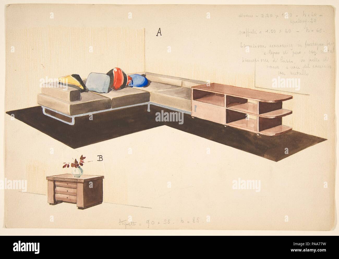 Divano, seoffale, e stipetto [Perspective of L-Shape Sofa and Storage Unit]. Artist: Guglielmo Ulrich (Italian, 1904-1977). Dimensions: Sheet: 11 1/8 × 7 9/16 in. (28.2 × 19.2 cm). Date: 1933.  Guglielmo Ulrich graduated from the Istituto Superiore Politechnico in 1927. Three years later, he co-founded the furniture company ARCA, short for Arredamento Casa (Home Furnishings) of which he was the designer. Ulrich's early designs are in an elegant and highly finished Art Deco style, which was very popular among the high society of Milan. Ulrich was praised for his ability to combine the functiona Stock Photo