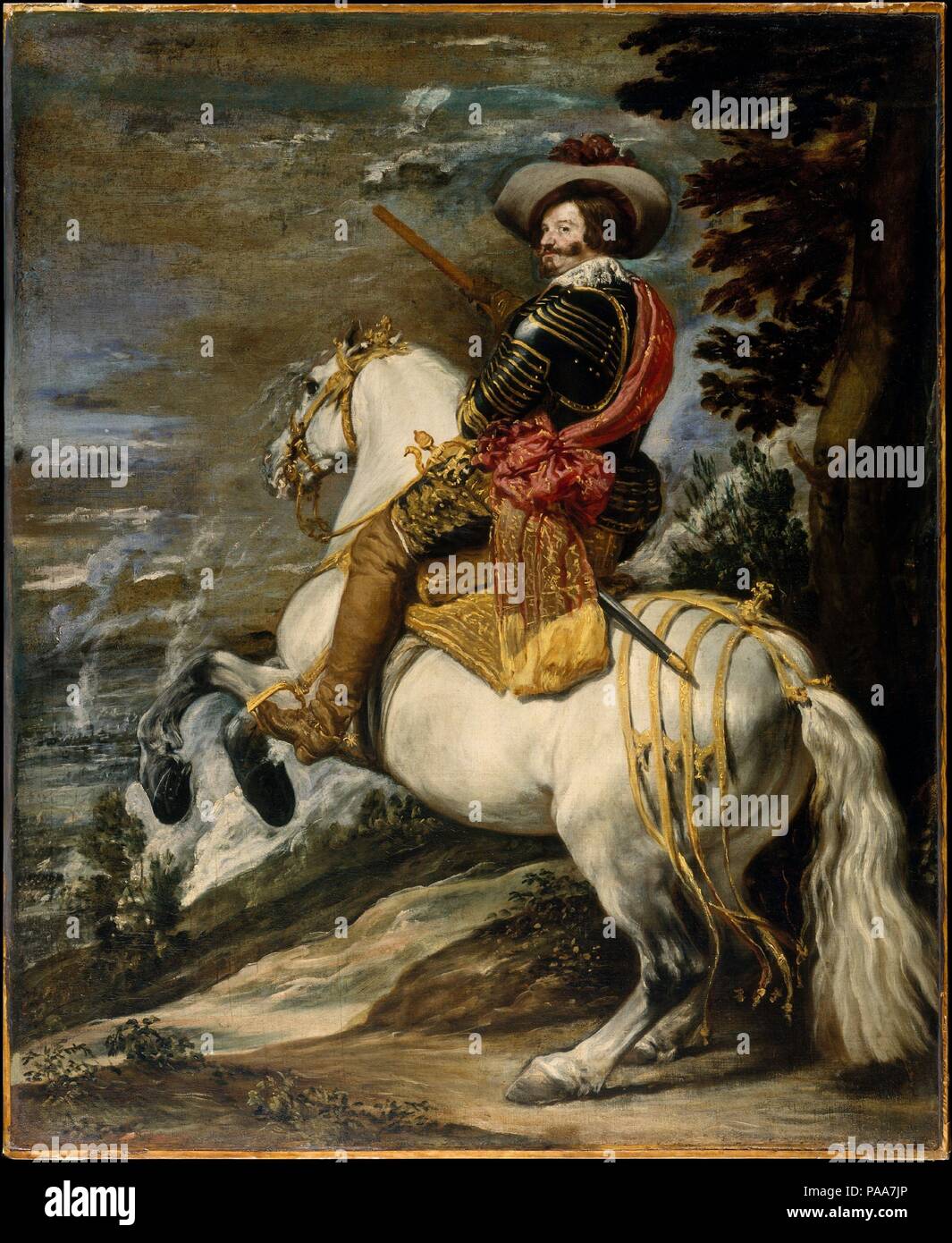 Don Gaspar de Guzmán (1587-1645), Count-Duke of Olivares. Artist: Attributed to Velázquez (Diego Rodríguez de Silva y Velázquez) (Spanish, Seville 1599-1660 Madrid); and/or Juan Bautista Martínez del Mazo (Spanish, Cuenca ca. 1612-1667 Madrid). Dimensions: 50 1/4 x 41 in. (127.6 x 104.1 cm). Date: ca. 1635.    The Count-Duke of Olivares was Philip IV's powerful prime minister between 1621 and 1643. This picture is either a preliminary model or a reduced variant of a large equestrian portrait of the count-duke (Prado, Madrid), painted perhaps in celebration of a victory over the French at the b Stock Photo