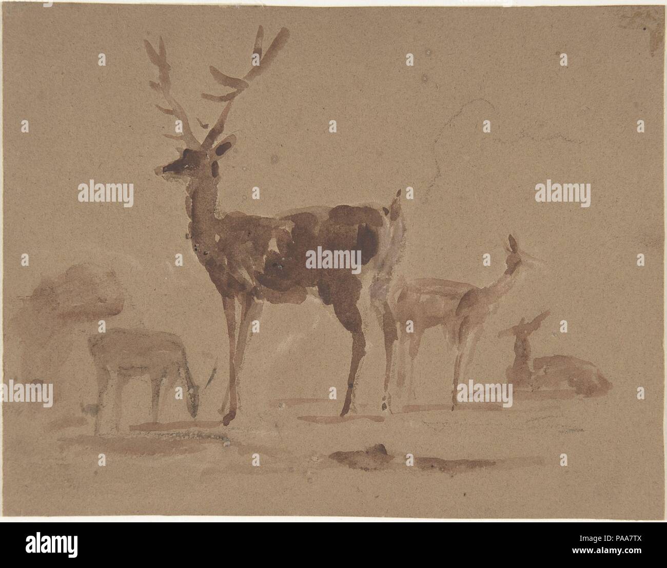 Stag and Its Young. Artist: Sir Edwin Henry Landseer (British, London 1802-1873 London). Dimensions: sheet: 4 1/8 x 5 3/8 in. (10.5 x 13.6 cm). Date: 1820-73. Museum: Metropolitan Museum of Art, New York, USA. Stock Photo