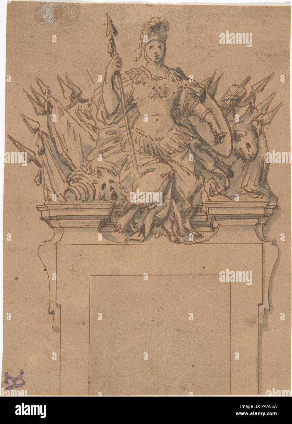 Design for an Overdoor or Chimney Piece with an Armorial Trophy and the Figure of Minerva. Artist: Anonymous, French, 18th century. Dimensions: sheet: 6 x 4 7/16 in. (15.2 x 11.2 cm). Date: 18th century. Museum: Metropolitan Museum of Art, New York, USA. Stock Photo