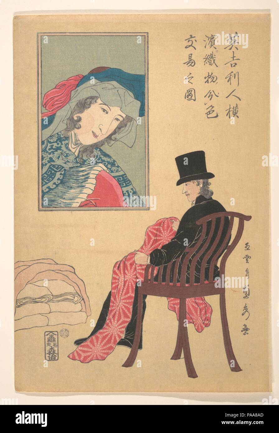 Englishman Sorting Fabrics. Artist: Utagawa (Gountei) Sadahide (Japanese, 1807-1878/79). Culture: Japan. Dimensions: Image: 14 1/4 x 9 3/4 in. (36.2 x 24.8 cm). Date: 2nd month, 1861. Museum: Metropolitan Museum of Art, New York, USA. Stock Photo