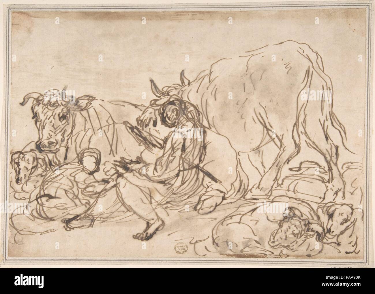 Figures with Cattle. Artist: Anonymous, Italian, Roman-Bolognese, 17th century. Dimensions: 8 x 11- 9/16 in.  (20.3 x 29.4 cm). Date: 17th century. Museum: Metropolitan Museum of Art, New York, USA. Stock Photo