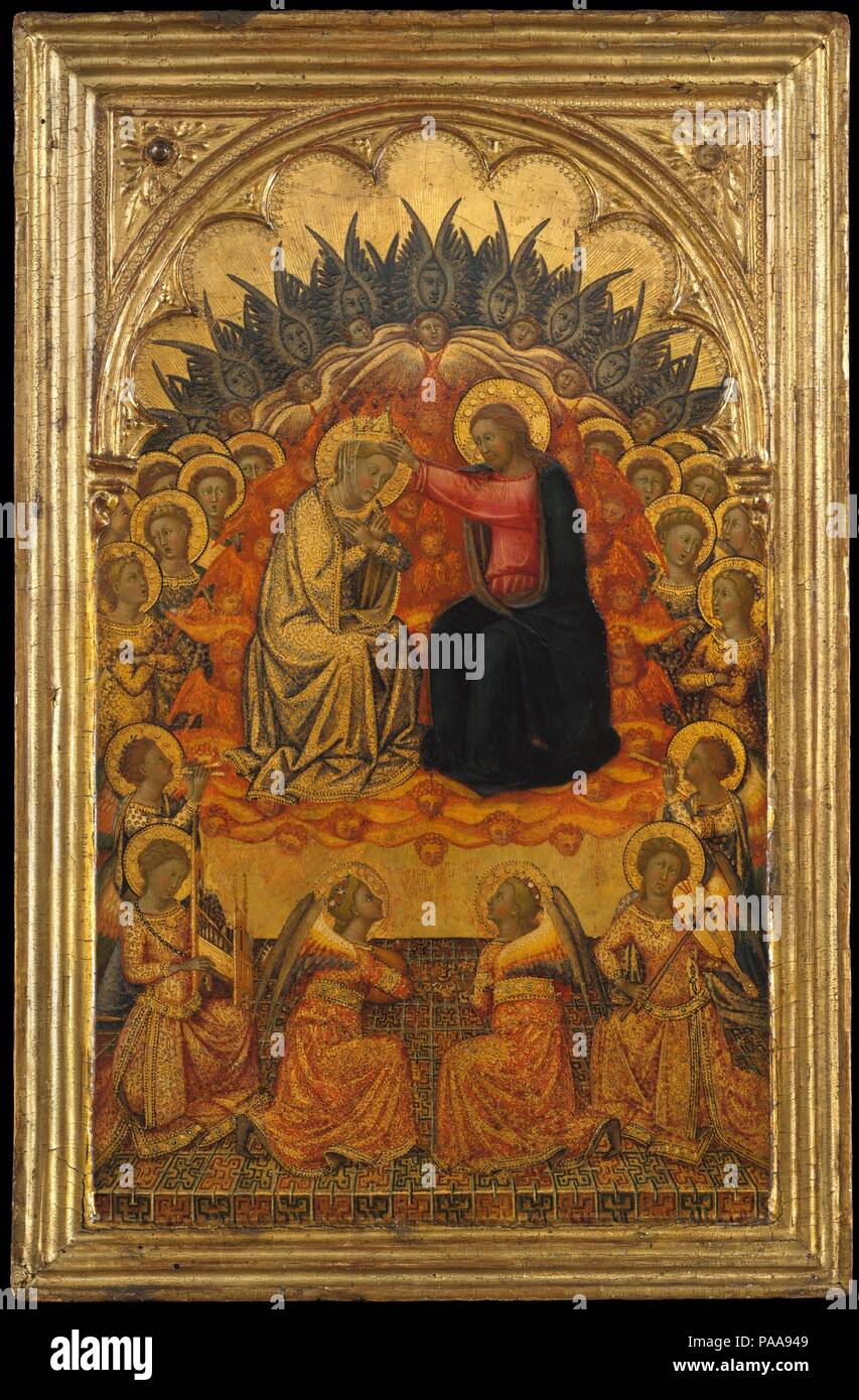 The Coronation of the Virgin. Artist: Niccolò di Buonaccorso (Italian, active Siena by 1372-died 1388 Siena). Dimensions: Overall, with engaged frame, 20 x 12 7/8 in. (50.8 x 32.7 cm); painted surface 17 5/8 x 10 1/2 in. (44.8 x 26.7 cm). Date: ca. 1380.  Niccolò di Buonaccorso was one of the most accomplished Sienese painters of the second half of the fourteenth century, though he is little known today. His surviving works are small in scale and rendered in a highly refined miniaturist technique. This richly decorated 'Coronation of the Virgin' corresponds in style, size, and framing to two o Stock Photo