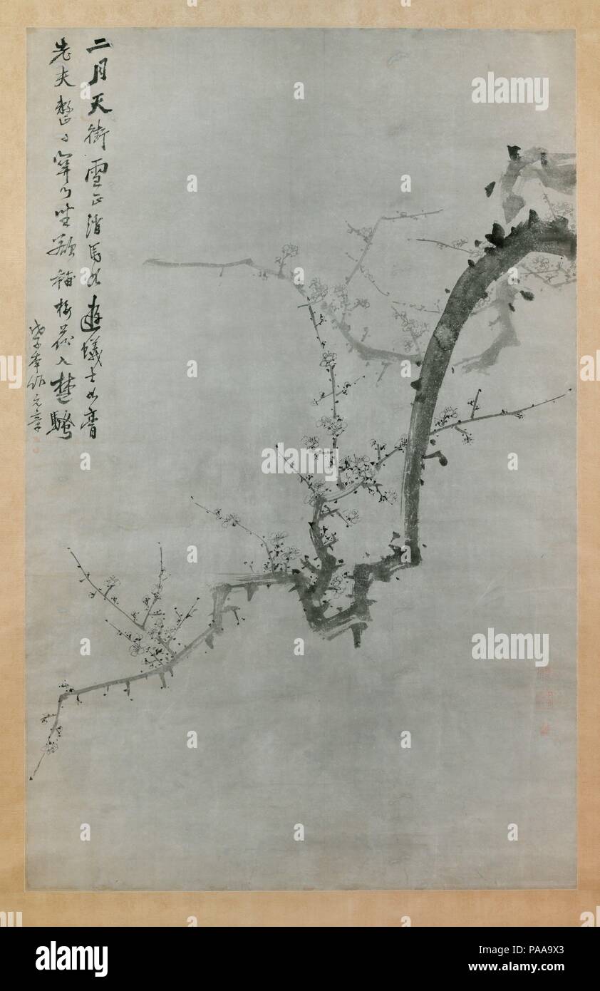 Plum Branch. Artist: Yi Yuwon (Korean, 1814-1888). Culture: Korea. Dimensions: 58 1/16 x 37 3/16 in. (147.5 x 94.5 cm). Date: dated 1888.  Delicate plum blossoms, budding in the chill of early spring, dot the long, swerving branch and its thin off-shoots; behind, a second, smaller branch echoes its lines. This impressionistic painting is both representational and abstract. In East Asia, plum blossoms, along with bamboo, chrysanthemums, and orchids, not only represent the four seasons but also form a quartet known as the Four Gentlemen (Korean: sagunja), a symbol of the virtuous Confucian schol Stock Photo