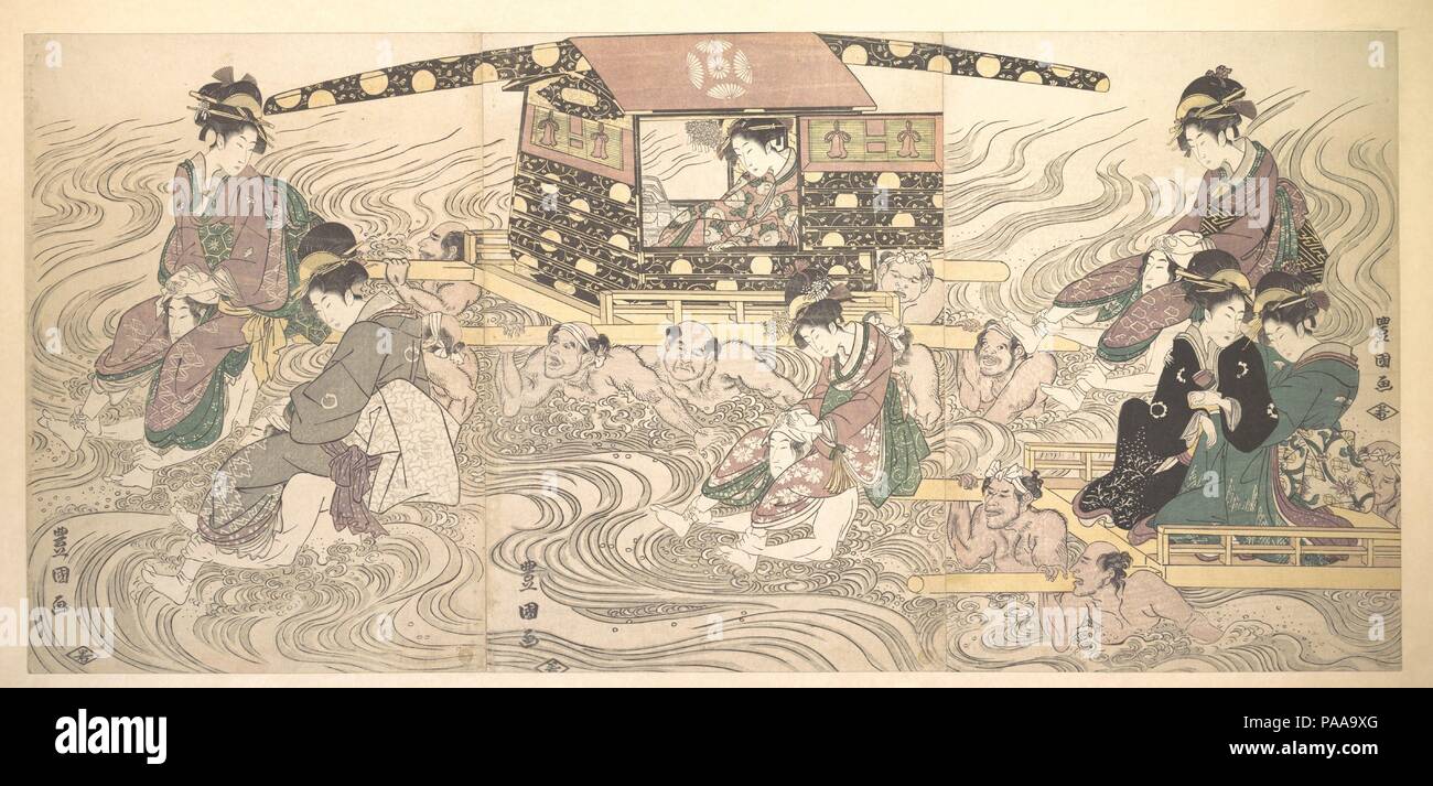 Fair Travellers Fording the River Oi. Artist: Utagawa Toyokuni I (Japanese, 1769-1825); Wakasaya Yoichi (Japanese, ca. 1794-1897). Culture: Japan. Dimensions: 14 x 30 1/8 in. (35.6 x 76.5 cm). Date: ca. 1800.  For military reasons, the Tokugawa government prohibited the building of substantial bridges across the Oi River near Kanaya station, presently in Shizuoka Prefecture; thus, the river was a dangerous obstacle for travelers. Here, women of lower classes are shown being carried across the river on the shoulders of porters, while high-ranking ladies are seated in a lacquered palanquin that  Stock Photo
