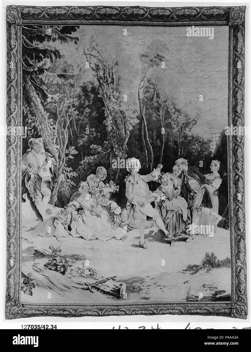 The Dance from a set of the Italian Village Scenes. Culture: French, Beauvais. Designer: François Boucher (French, Paris 1703-1770 Paris). Dimensions: H. 127 x W. 95 inches (322.6 x 241.3 cm). Maker: Workshop of Nicolas Besnier (French, 1686-1754, master 1714); Workshop of Jean-Baptiste Oudry (French, Paris 1686-1755 Beauvais). Manufactory: Beauvais. Date: ca. 1744-53.  Images of gardens were popular in the tapestry medium from the medieval era, where the so-called mille-fleurs (thousand flowers) (see also 2013.506) provided a decorative, and sometimes symbolic, setting for scenes of romance a Stock Photo