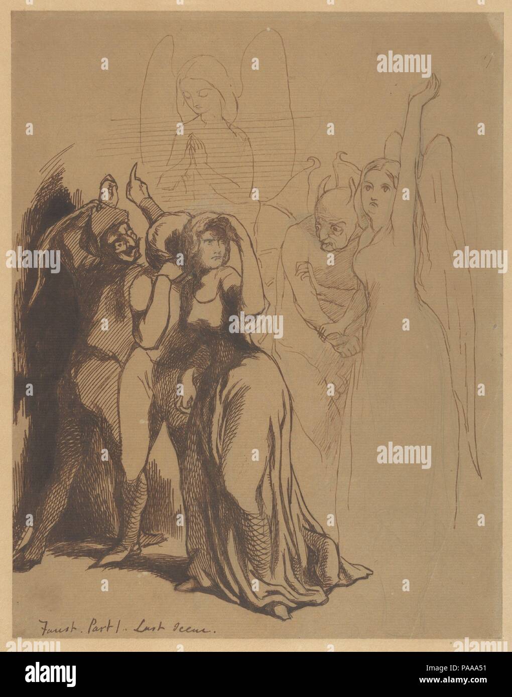 Faust: Part 1. Last Scene. Artist: Dante Gabriel Rossetti (British, London 1828-1882 Birchington-on-Sea). Dimensions: Sheet: 10 7/8 × 8 9/16 in. (27.7 × 21.7 cm). Subject: Relates to Johann Wolfgang von Goethe (German, Frankfurt am Main 1749-1832 Weimar, Saxe-Weimar). Date: 1846-48.  Rossetti made this drawing just before he joined the Pre-Raphaelite Brotherhood, and it demonstrates his early fascination with Goethe's Faust, a source that later inspired his Lady Lilith (MMA, 08.162.1). Belonging to a series of lively compositions devoted to Gretchen's seduction and imprisonment, this sheet sho Stock Photo