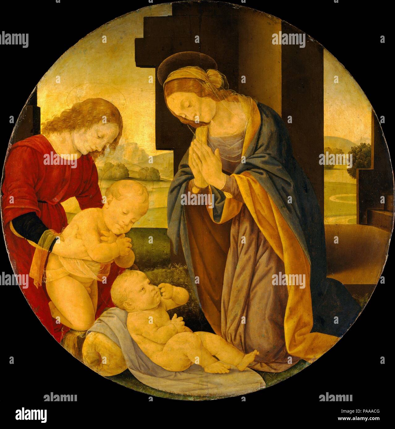 Madonna Adoring the Child with the Infant Saint John the Baptist and an Angel. Artist: Lorenzo di Credi (Lorenzo d'Andrea d'Oderigo) (Italian, Florence 1456/59-1536 Florence). Dimensions: Diameter 36 in. (91.4 cm). Date: Early 1490s.  An angel introduces the infant John the Baptist--a patron saint of Florence--to his newborn cousin, Jesus, who is adored by his mother. The soft, diffused light--inspired by the work of the Netherlandish painter Hans Memling--creates a mood of 'gentle pietistic reverie' (the critic Roger Fry, writing in 1909).  Several workshop replicas of this important picture  Stock Photo