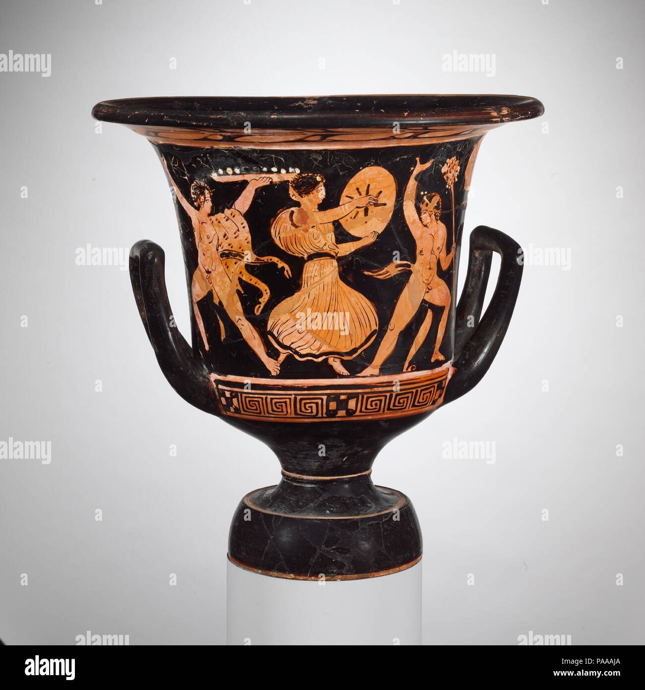 Terracotta calyx-krater (vase for mixing wine and water). Culture: Greek,  Attic. Dimensions: H. 14 1/8 in. (35.9 cm); diameter of mouth 13 5/8 in.  (34.6 cm). Date: early 4th century B.C.. Obverse,
