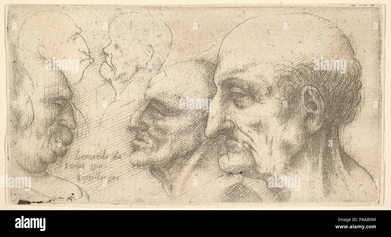 Five Heads. Artist: After Leonardo da Vinci (Italian, Vinci 1452-1519 Amboise). Dimensions: Plate: 2 1/16 × 3 7/8 in. (5.2 × 9.8 cm) with thread margins. Etcher: Wenceslaus Hollar (Bohemian, Prague 1607-1677 London). Date: 1625-77.  Two old men face left and a deformed man with bulbous chin and lips faces right; smaller outlined profiles of two men with protruding jaws face each other in the upper left. after Leonardo da Vinci. Museum: Metropolitan Museum of Art, New York, USA. Stock Photo