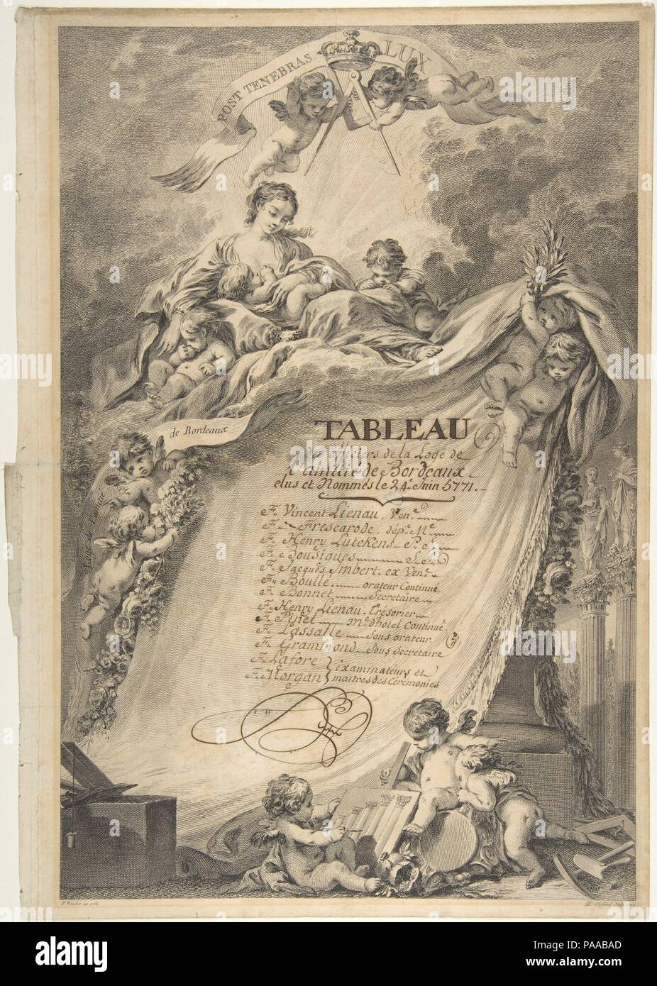 Diploma for the Freemasons of Bordeaux, after François Boucher. Artist: Pierre Philippe Choffard (French, Paris 1730-1809 Paris). Dimensions: 16 3/16 x 11 5/16 in.  (41.1 x 28.7 cm). Date: 1766. Museum: Metropolitan Museum of Art, New York, USA. Stock Photo