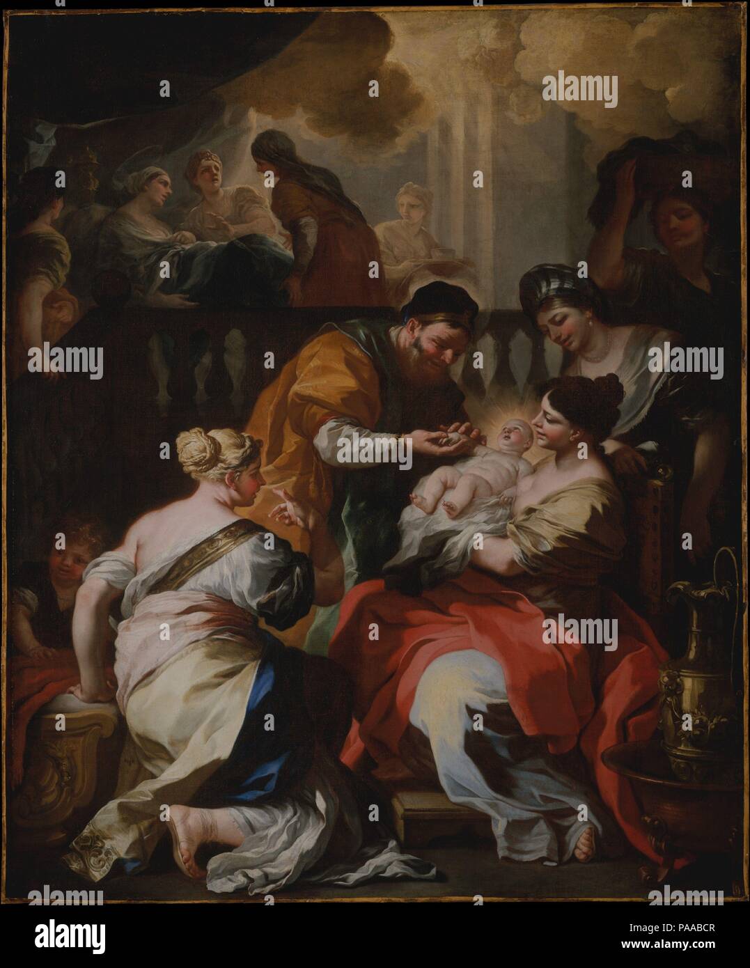 The Birth of the Virgin. Artist: Francesco Solimena (Italian, Canale di Serino 1657-1747 Barra). Dimensions: 80 1/2 x 67 1/4 in. (204.5 x 170.8 cm). Date: ca. 1690.  Painted in the 1690s, the picture must have served as an altarpiece in a church in Naples. In the foreground the infant Virgin Mary is shown to nurses and her adoring father, while in the distance, enveloped in a heavenly radiance, is the child's mother, Anna, lying in bed, attended by servants. Solimena became the leading painter of Naples, training a generation of artists. However, in this painting, with its dark shadows and vig Stock Photo