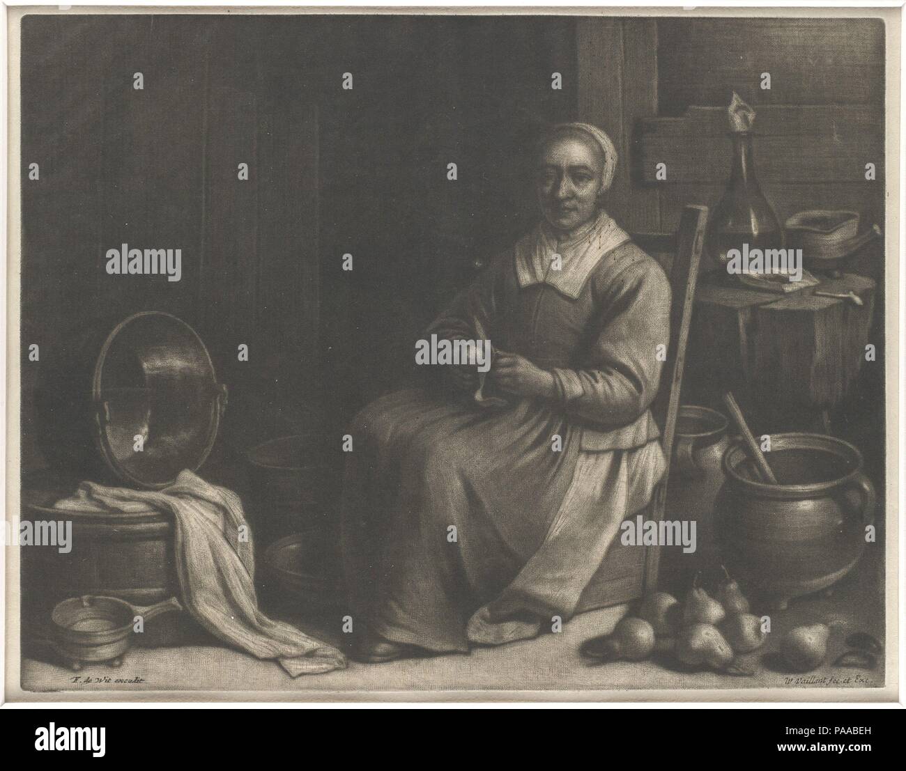 A Woman Peeling Pears. Artist: Wallerant Vaillant (Dutch, Lille 1623-1677 Amsterdam). Dimensions: Sheet: 9 3/4 x 12 1/16 in. (24.8 x 30.7 cm). Date: mid-17th century.  Vaillant learned the mezzotint technique from Prince Rupert of the Rhine, whom he met and assisted during a visit to Frankfurt am Main in 1658. Active in Amsterdam and Paris, Vaillant became the first professional mezzotint-engraver, whose works achieved success throughout Europe. Here, he presents a domestic scene of his own design, showing a woman (presumably a servant) peeling fruit. As this richly toned plate reveals, Vailla Stock Photo