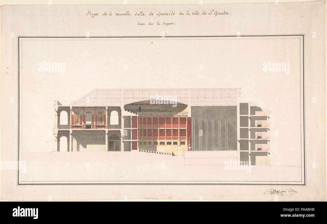 Project for the New Theater at St. Quentin (Aisne) - Section. Architect: Designed by Emile-Jacques Gilbert (French, 1793-1874); Designed by Louis Baptiste Gilbert (French). Dimensions: 10 x 6.25 in.  (25.4 x 15.9 cm). Date: ca. 1841. Museum: Metropolitan Museum of Art, New York, USA. Stock Photo