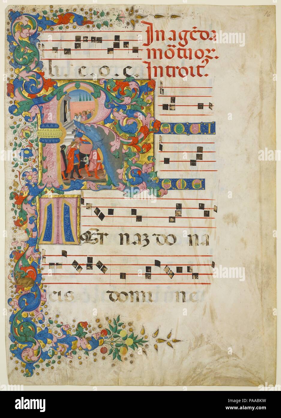Manuscript Leaf with a Funeral Procession in an Initial R, from a Gradual. Artist: Mariano del Buono (Italian, 1433-1504). Culture: Italian. Dimensions: Overall: 28 1/8 x 20 1/16 in. (71.5 x 51 cm)  Ilumination: 8 3/16 x 8 11/16 in. (20.8 x 22.1 cm)  Mat size: 34 1/4 x 27 3/16 in. (87 x 69 cm). Date: second half 15th century.  This illumination offers a glimpse of life and death among wealthy citizens of Florence. The funeral procession is a lavish affair, with the deceased resting on a bier covered with expensive silk and the mourners attired in brightly colored costumes. Museum: Metropolitan Stock Photo