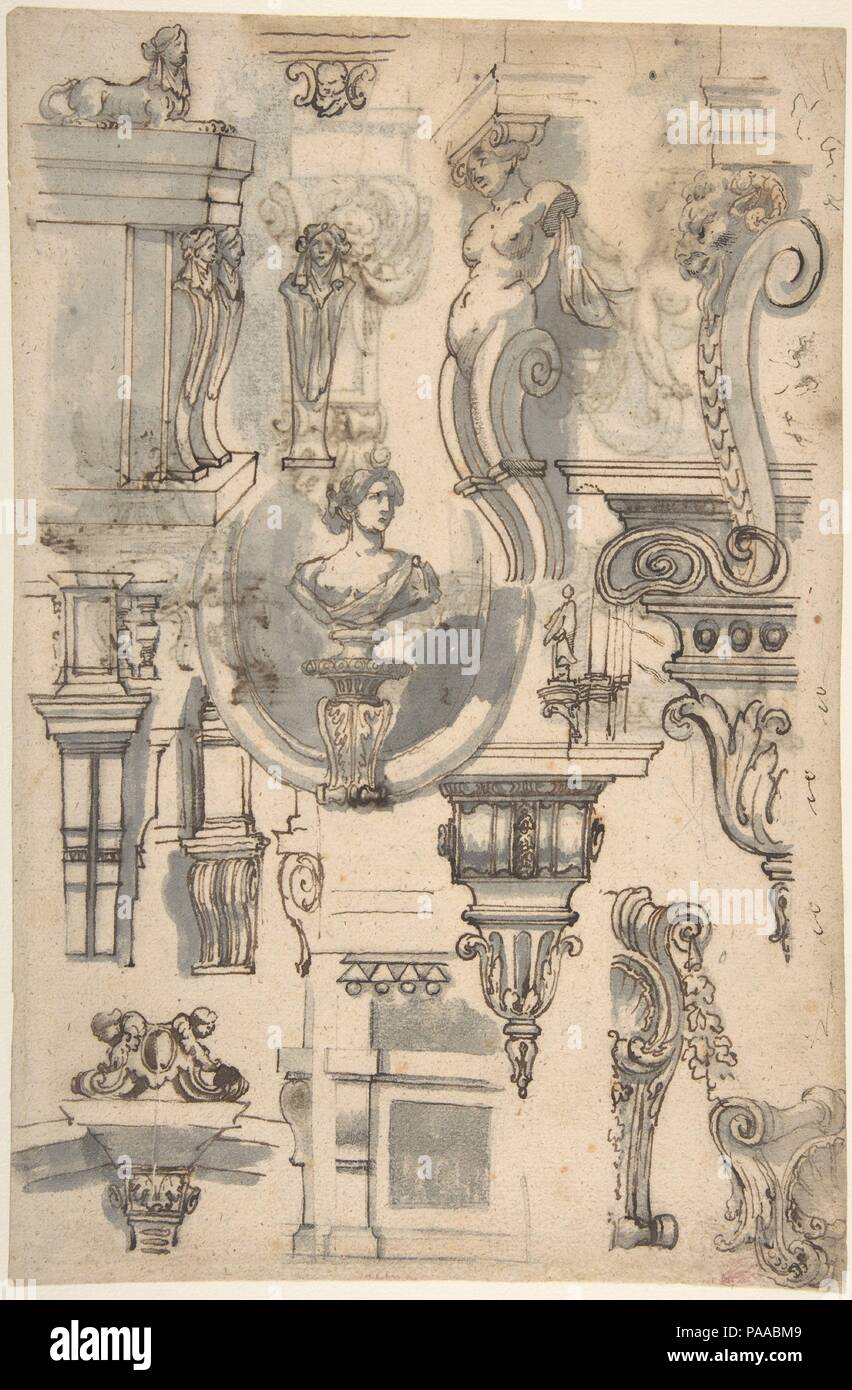 Brackets, Caryatids and other Architectural Details (recto and verso). Artist: Attributed to Gilles-Marie Oppenord (French, Paris 1672-1742 Paris). Dimensions: Sheet: 11 7/8 × 7 3/4 in. (30.1 × 19.7 cm). Date: ca. 1690-1710.  Gilles-Marie Oppenord was the son of the cabinet maker Jean-Alexandre Oppenord who, during the latter part of his career, worked at the Louvre in the service of the French king as 'Ébeniste du Roi'. After his first training, Gilles-Marie spent seven years in Italy where he studied the Baroque monuments built by his contemporaries and the great masters of previous generati Stock Photo