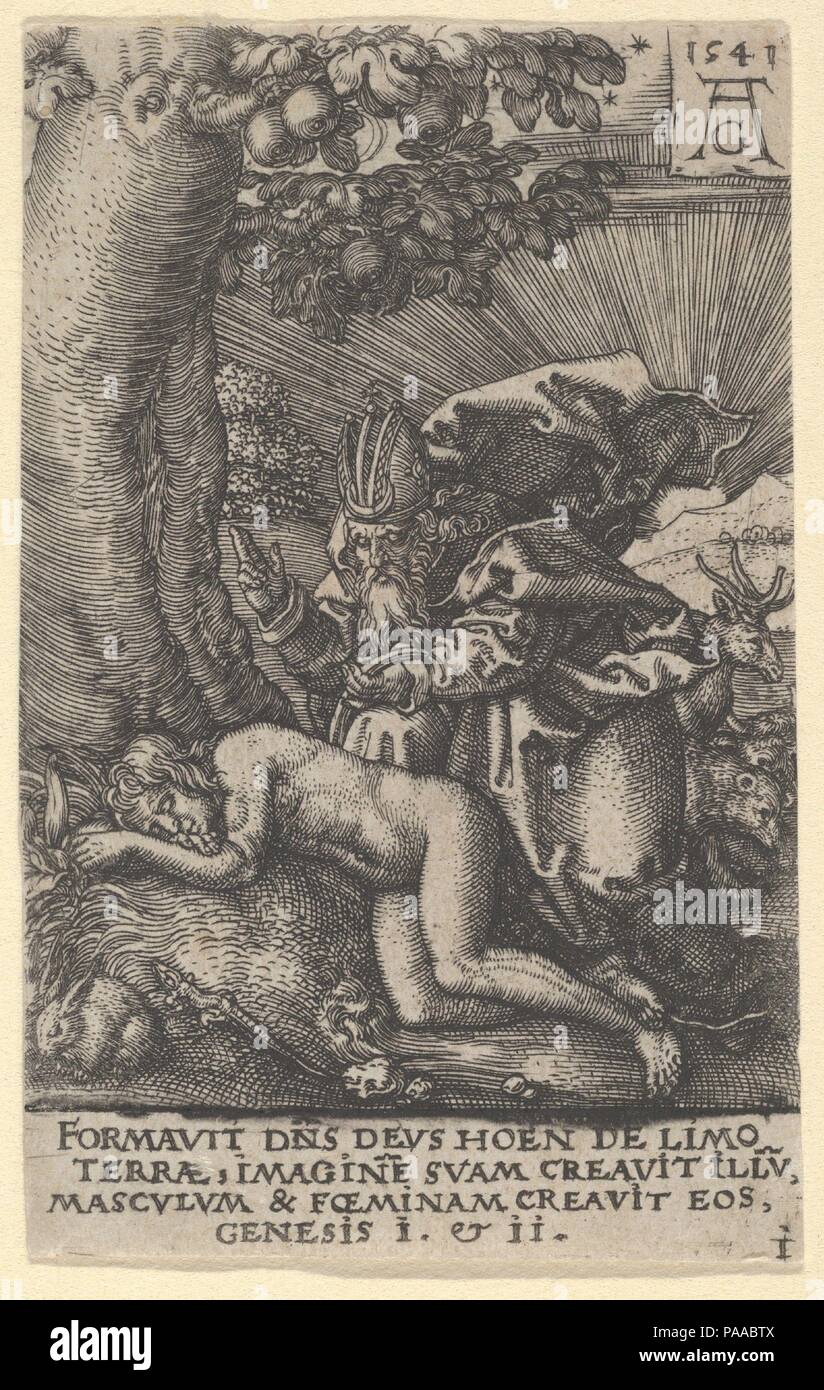 The Creation of Eve, from The Power of Death (Allegory of Original Sin and Death). Artist: Heinrich Aldegrever (German, Paderborn ca. 1502-1555/1561 Soest); After Hans Holbein the Younger (German, Augsburg 1497/98-1543 London). Dimensions: Sheet: 2 15/16 × 1 7/8 in. (7.5 × 4.7 cm). Date: 1541. Museum: Metropolitan Museum of Art, New York, USA. Stock Photo