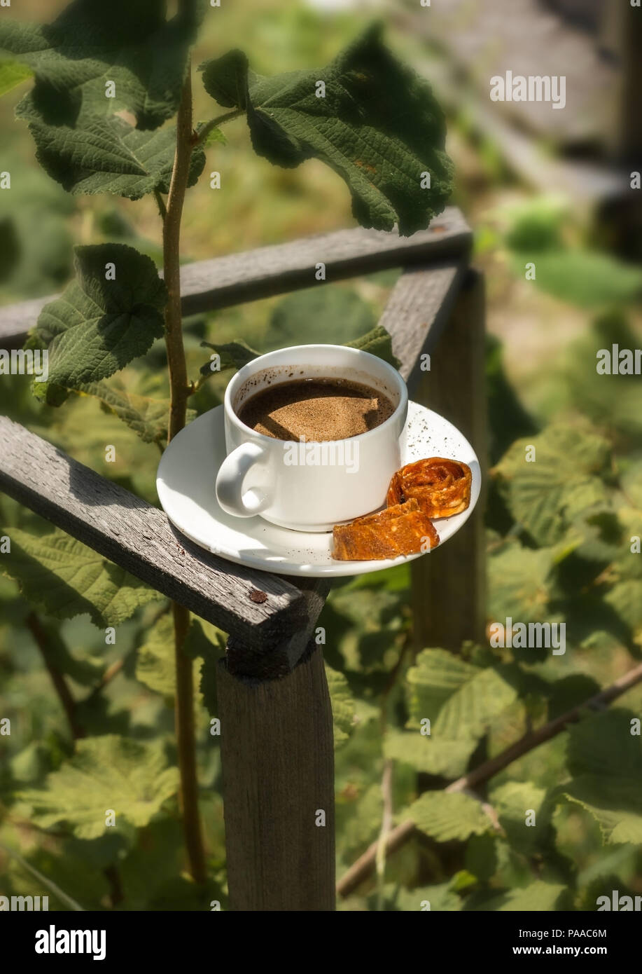 Slow life. A cup of coffee in the garden on the background of leaves Stock Photo