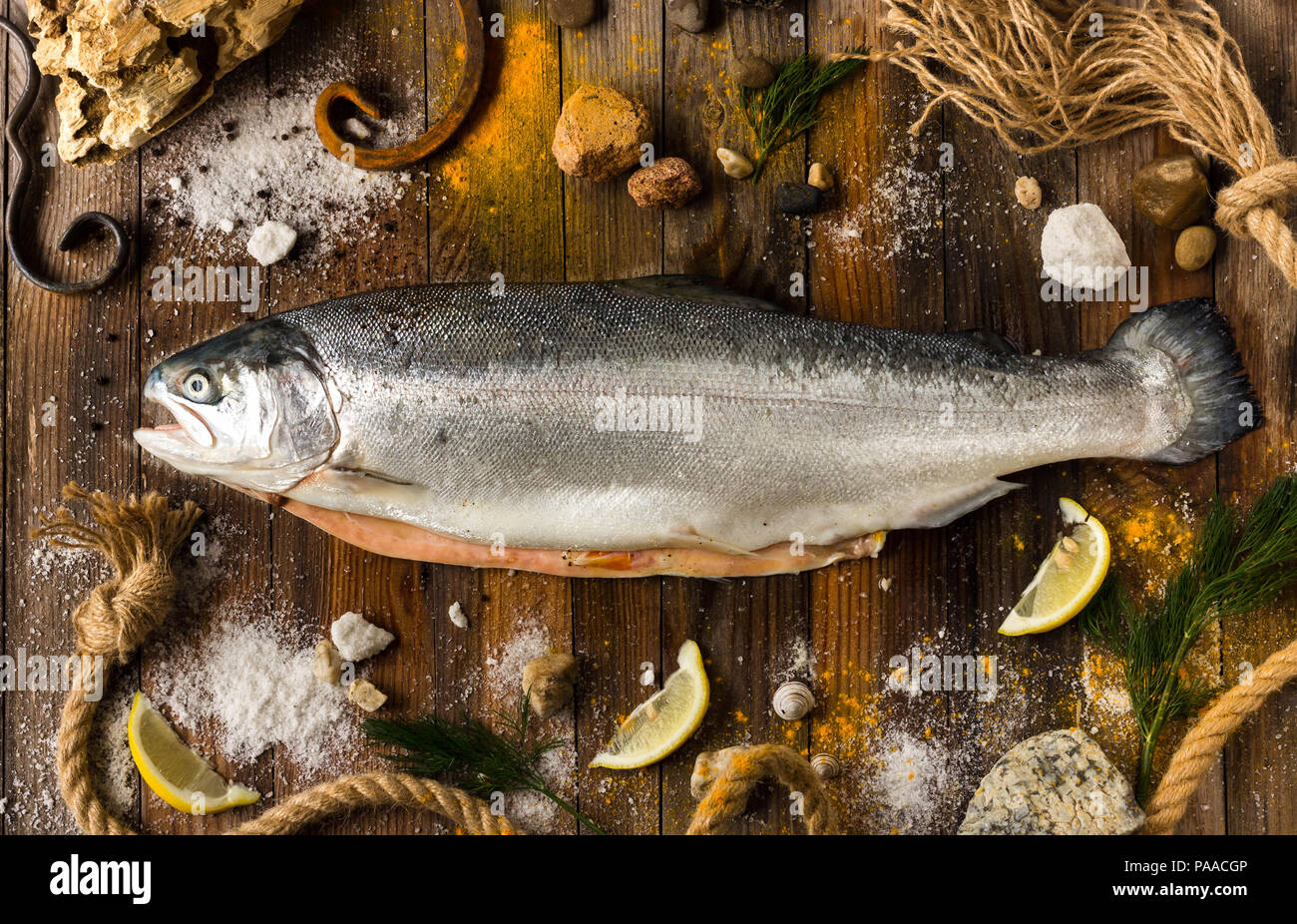 One fresh fish salmon lies on gray boards. Around the sea pebbles, lemon slices and seasonings Stock Photo