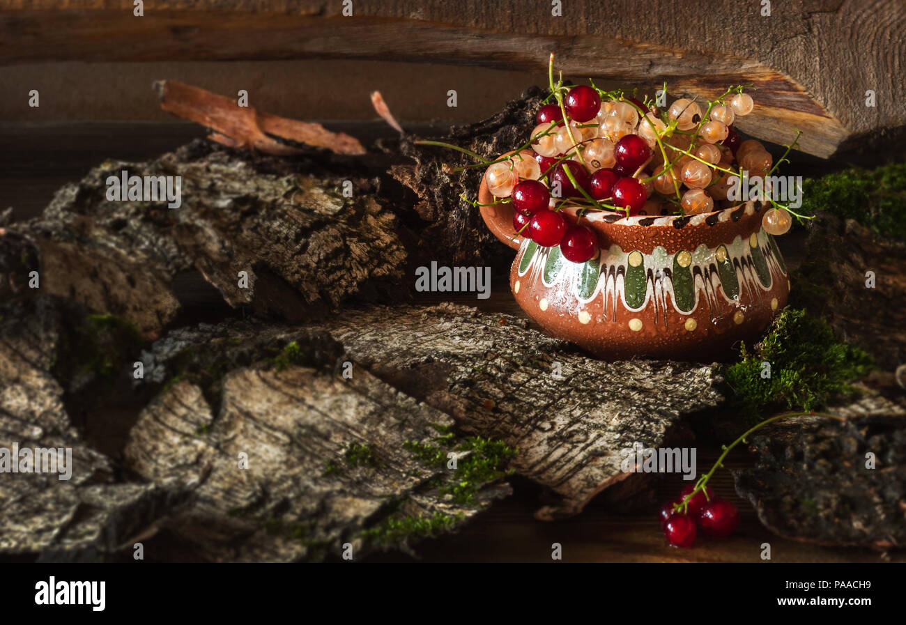 The berries in a clay cup stand in the birch bark against the background of boards. Daylight, close-up. Stock Photo