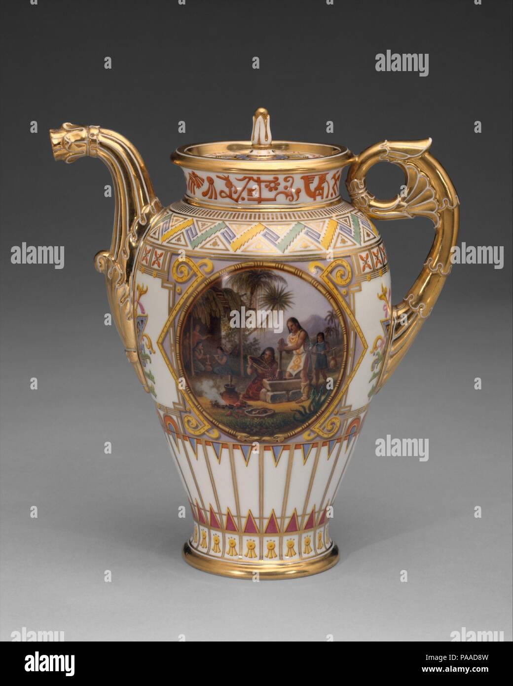 Coffeepot (cafetière 'campanienne') (part of a service). Culture: French, Sèvres. Decorator: Pictorial decoration by Jean Charles Develly (active 1813-47); Gilded by Pierre Riton (active 1821-60). Dimensions: Overall (confirmed): 7 9/16 x 6 15/16 x 4 1/4 in. (19.2 x 17.6 x 10.8 cm). Factory: Sèvres Manufactory (French, 1740-present). Patron: Commissioned by Louis Philippe, King of France (French, Paris 1773-1850 Claremont, Surrey) for Queen Marie-Amélie. Date: 1836.  The best of the Sèvres porcelain produced in the mid-nineteenth century displays an originality of conception unmatched by the o Stock Photo
