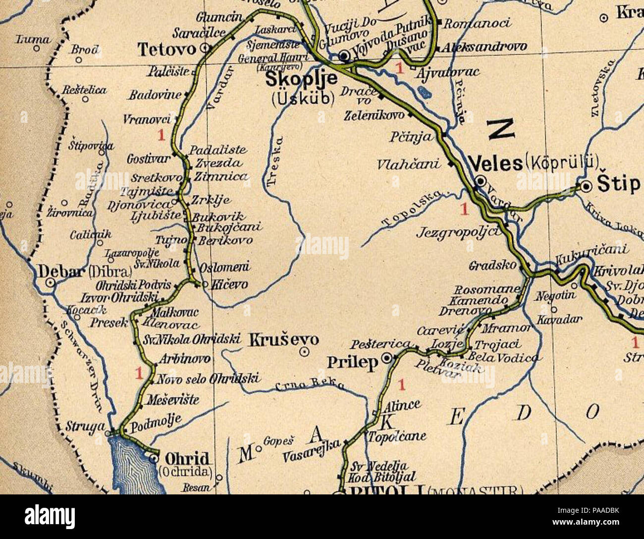 187 Ohrid railway line map (Eisenbahn und Verkehrs-Atlas von Europa) Stock Photo