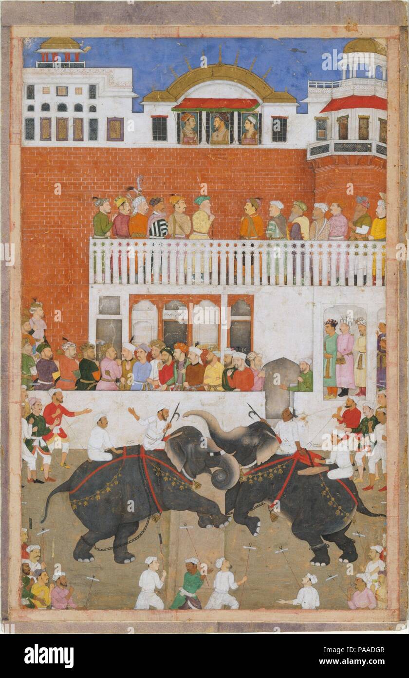 'Shah Jahan Watching an Elephant Fight', Folio from a Padshahnama. Artist: Bulaqi. Dimensions: 15 in. high 9.75 in. wide (38.2 cm high 24.7 cm wide). Date: probably 1639.  In this page from the Padshahnama, the artist has created a unified space stretching from the foreground, where goaders are milling, to the top of the scene, where the emperor and his two sons are shown in profile at an open tripartite window. Although the white and red walls of the fort are unmodulated planes, the placement of figures before them gives a sense of spatial recession. The dynamism of the elephant combat balanc Stock Photo