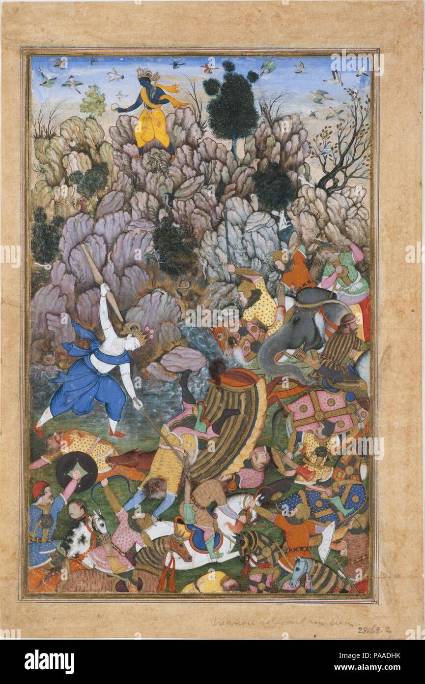 'Balarama and Krishna Fighting the Enemy', Folio from a Harivamsa (The Legend of Hari (Krishna)). Dimensions: Image: H. 12 in. (30.5 cm)   W. 7 3/4 in. (19.7 cm)  Page: H. 13 3/4 in. (34.9 cm)  W. 9 1/8 in. (23.2 cm)  Mat: H. 19 1/4 in. (48.9 cm)   W. 14 1/4 in. (36.2 cm). Date: ca. 1590-95.  The Harivamsa recounts the story of Krishna, one of the incarnations of the Hindu god Vishnu. In this battle scene, Krishna, dressed in yellow and holding his discus, stands atop a mountain. Carrying his own attributes of the plow and pestle, Krishna's older brother Balarama strikes a soldier of the oppos Stock Photo