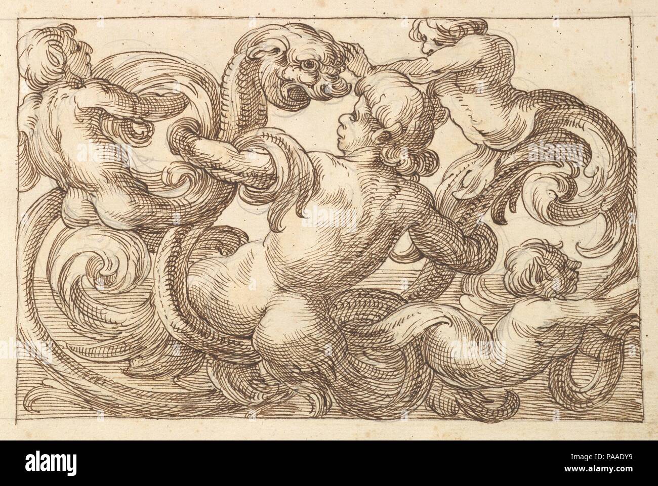 Horizontal Panel Design with Four Hybrid Male Figures and a Fantastical Creature Interspersed between Acanthus Rinceaux. Artist: Anonymous, Italian, Venetian, 17th century; In the manner of Polifilo Giancarli (active in Venice ca. 1600-1625). Dimensions: Sheet: 7 1/4 x 10 5/16 in. (18.4 x 26.2 cm). Date: 17th century (first half).  Design for a horizontal panel with a male figure in the middle, seen from the back, whose lower body consists of rinceaux which meander across the page. He looks left, into the eyes of a fantastical creature with a grotesque head springing forth from one of the rinc Stock Photo