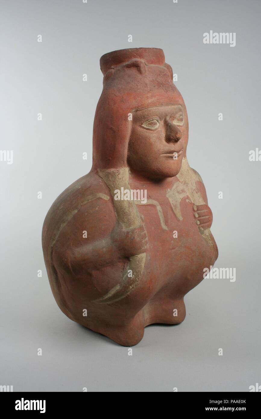 Warrior Head Jar. Culture: Moche. Dimensions: Overall: 14 3/4 in. (37.47 cm). Date: 2nd-5th century. Museum: Metropolitan Museum of Art, New York, USA. Stock Photo