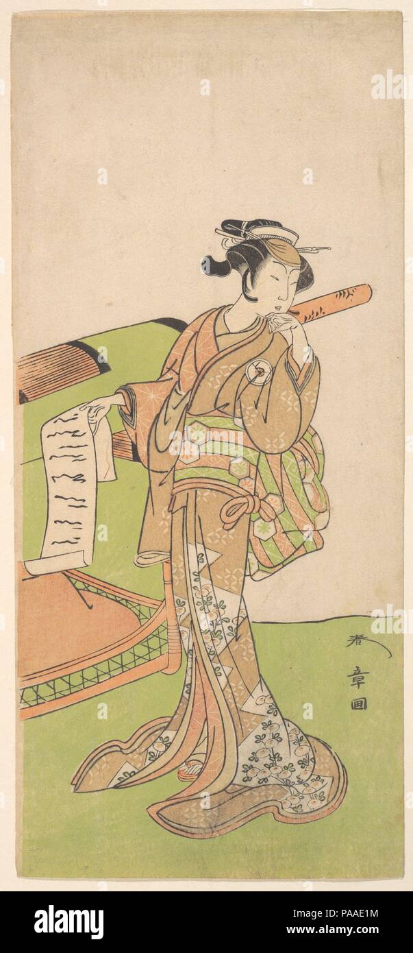 The Actor Iwai Hanshiro IV in Female Role, Standing Beside a Litter. Artist: Katsukawa Shunsho (Japanese, 1726-1792). Culture: Japan. Dimensions: 12 1/2 x 5 5/8 in. (31.8 x 14.3 cm). Date: 1726-1792. Museum: Metropolitan Museum of Art, New York, USA. Stock Photo