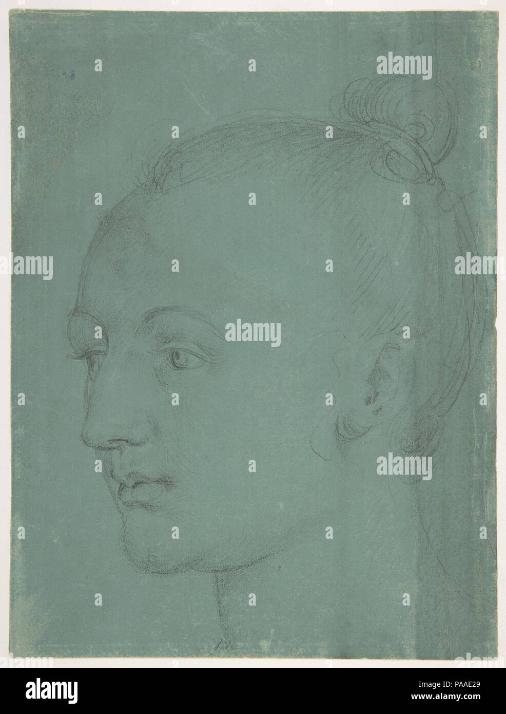Head of a Young Woman. Artist: Albrecht Dürer (German, Nuremberg 1471-1528 Nuremberg). Dimensions: 7 7/8 x 5 15/16 in.  (20 x 15.1 cm). Date: 1522.  A supremely gifted and versatile German artist of the Renaissance period, Albrecht Dürer was a brilliant painter, draftsman, and printmaker. This head in three-quarter profile is probably one of a group of drawings made by Dürer in 1521-22 in preparation for a large 'sacra conversazione', a multifigured composition in a unified space with the Virgin and Child surrounded by saints. The present drawing may have been a study for the head of Saint Cat Stock Photo