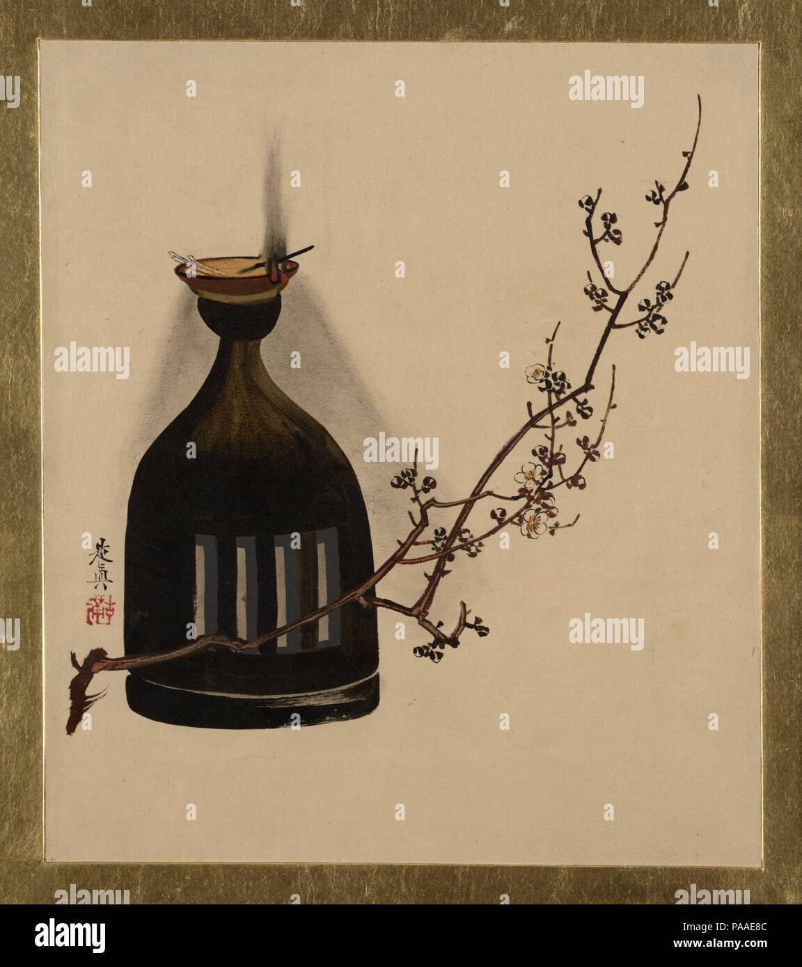 Lacquer Paintings of Various Subjects: Plum Branch with Oil Lamp. Artist: Shibata Zeshin (Japanese, 1807-1891). Culture: Japan. Dimensions: 7 1/2 x 6 1/2 in. (19.1 x 16.5 cm). Date: 1882.  Well known in the West as a painter and a lacquer artist, Shibata Zeshin enjoyed longevity in both his life and his career. At age eleven, he began an apprenticeship with the leading lacquer artist, Koma Kan'ya (Kansai II, 1767-1835); at sixteen, he began to study painting under Suzuki Narei (1795-1844) of the Shijo school. The paintings in this album reflect his early training and longtime involvement as a  Stock Photo