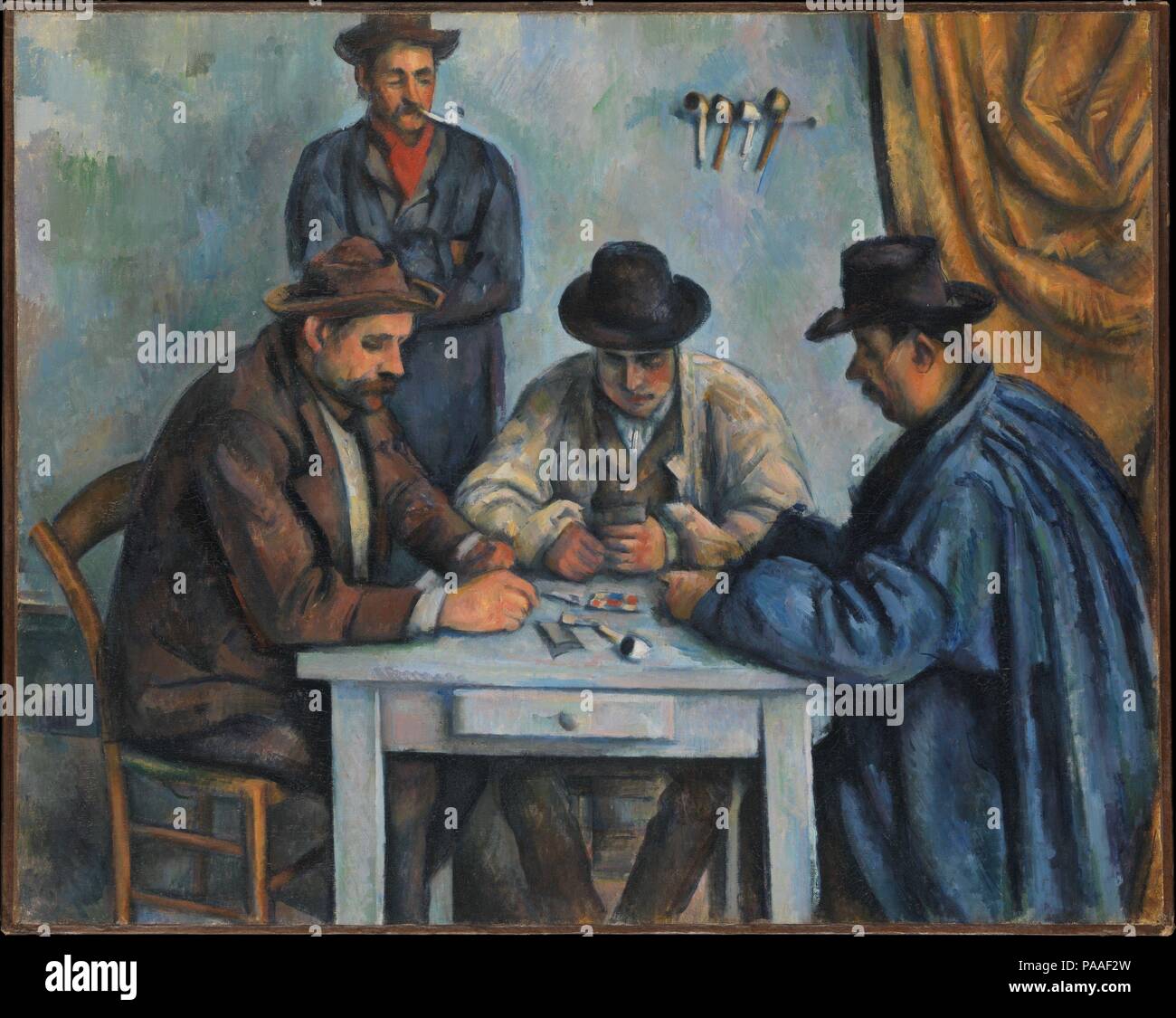 The Card Players. Artist: Paul Cézanne (French, Aix-en-Provence 1839-1906 Aix-en-Provence). Dimensions: 25 3/4 x 32 1/4 in. (65.4 x 81.9 cm). Date: 1890-92.    This is probably the first in a series of five paintings that Cézanne devoted to peasants playing cards. Enlisting local farmhands to serve as models, he may have drawn inspiration for his genre scene from a seventeenth-century painting by the Le Nain brothers in the museum in his hometown of Aix. The Metropolitan's picture was followed by a version twice its size, which includes the additional figure of a standing child at right (Barne Stock Photo
