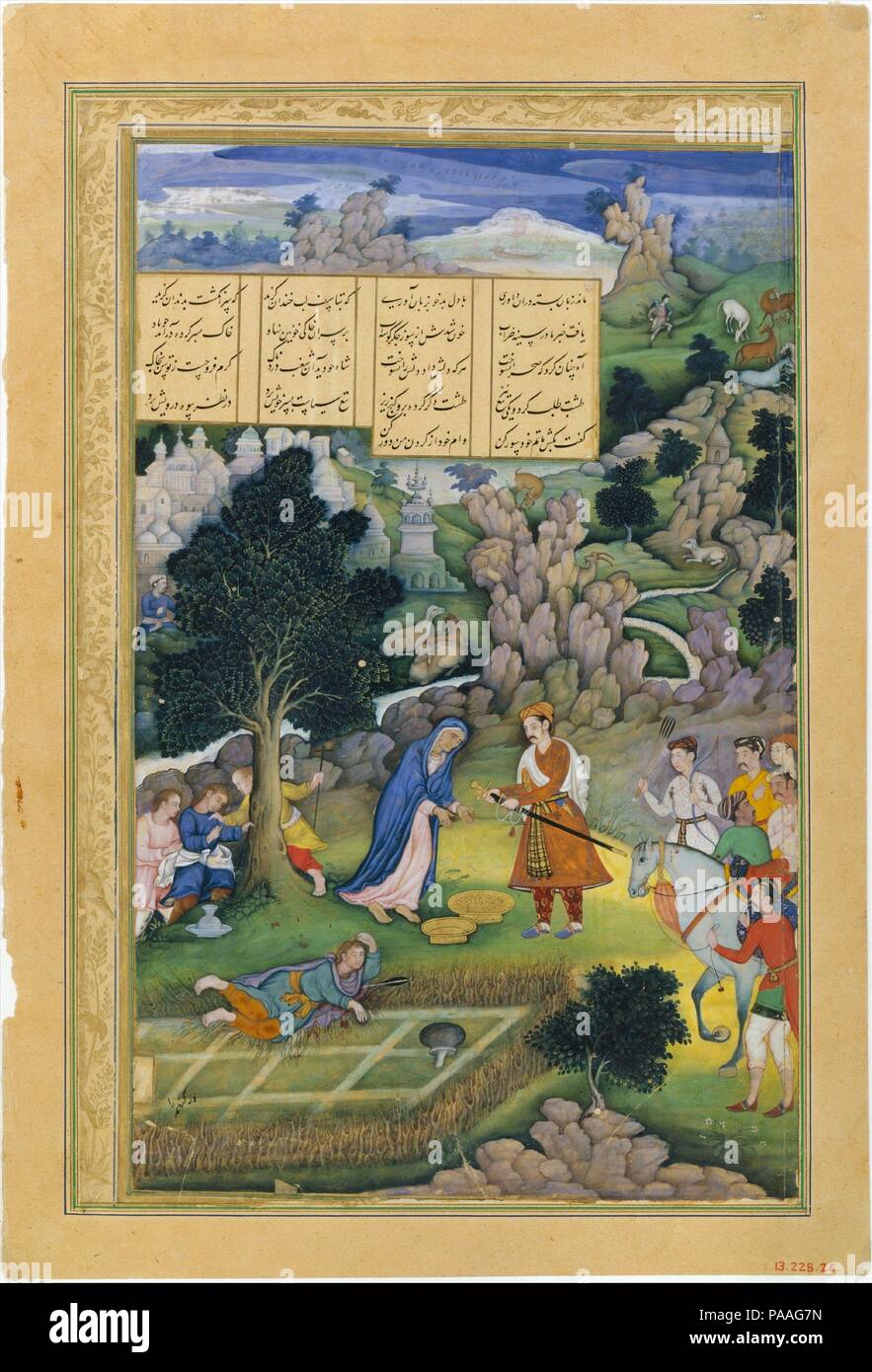 'A King Offers to Make Amends to a Bereaved Mother', Folio from a Khamsa (Quintet) of Amir Khusrau Dihlavi. Artist: Painting attributed to Miskin (active ca. 1570-1604). Dimensions: H. 9 3/4 in. .(24.8 cm)  W. 6 1/4 in. (15.9 cm). Poet: Amir Khusrau Dihlavi (1253-1325). Date: 1597-98.  In this dramatic painting, a king submits to justice after having accidentally killed a shepherd while hunting. He offers the boy's grieving mother a choice: to take his sword and cut off his head, which will fall in the golden dish between them, or to accept the second dish filled with gold. Some of the margina Stock Photo