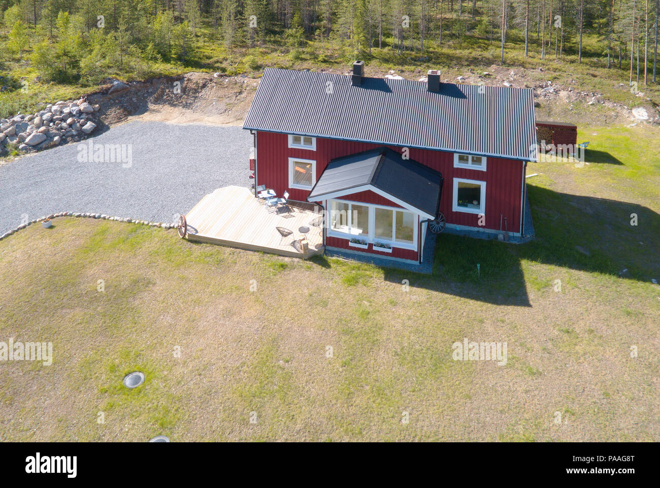 Ranea, Sweden - June 17, 2018: Aerial view of a small red wooden one family house orignated from the  early 1900s Stock Photo