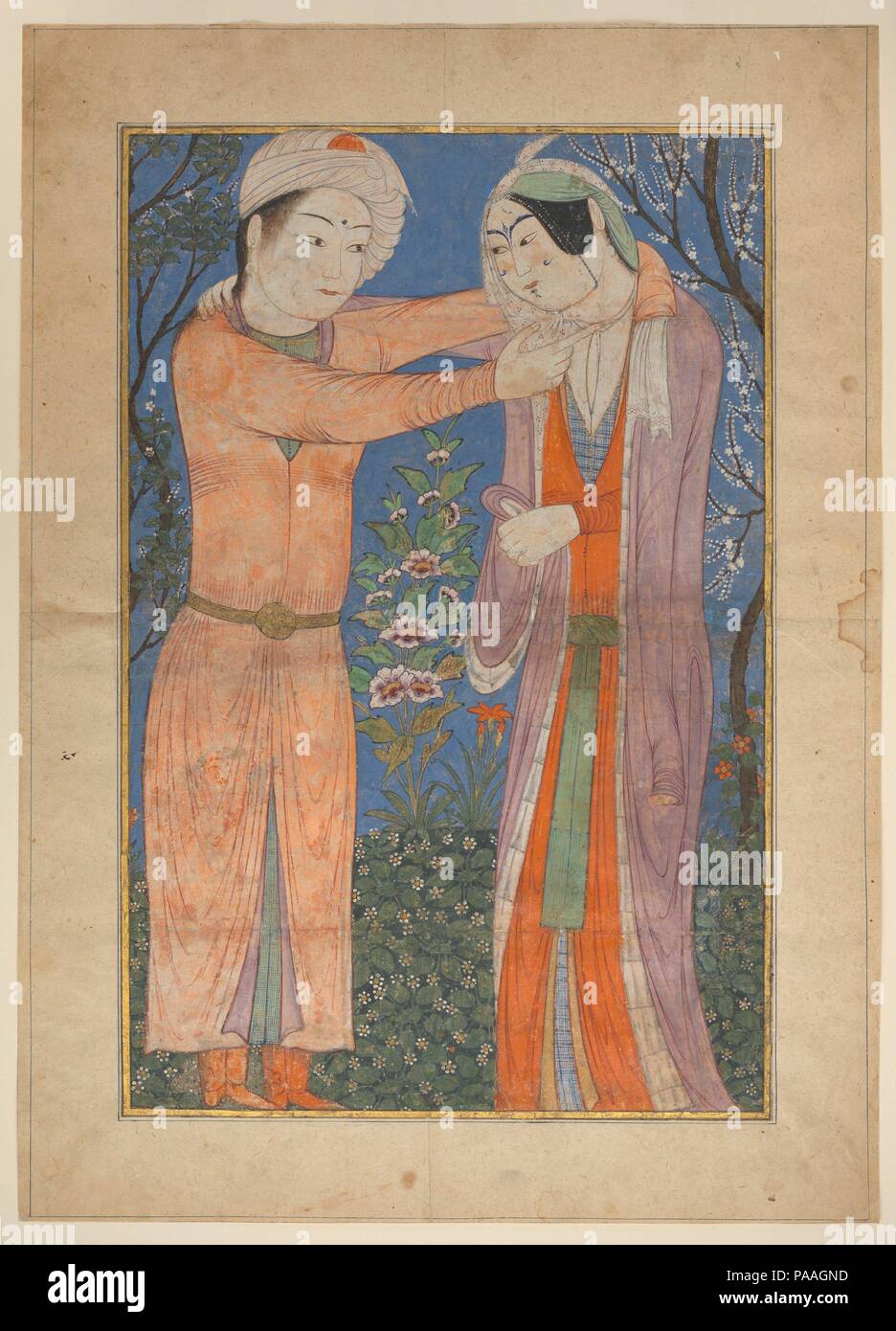 Princely Couple. Dimensions: H. 19 1/4 in. (48.9 cm)  W. 12 9/16 in. (31.9 cm). Date: 1400-1405.  Considering its unusually large scale, scholars have suggested that this painting of an embracing couple may have once served as a model for wall painting. No text is found on the painting to aid in the identification of the couple, but they have been compared to legendary lovers of Persian literature, including the characters of Khusrau and Shirin, known from the poet Nizami's Khamsa (Quintet). Museum: Metropolitan Museum of Art, New York, USA. Stock Photo