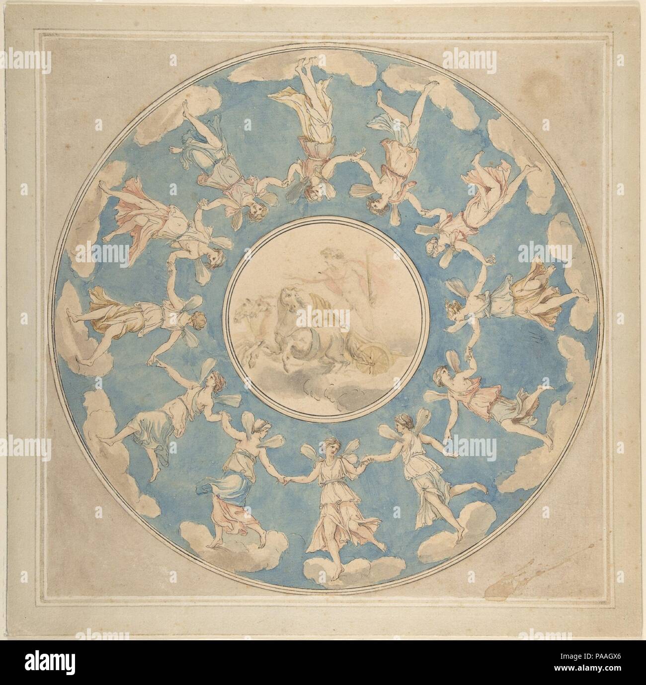 Design for Ceiling: Apollo and the Hours. Artist: Angelica Kauffmann (Swiss, Chur 1741-1807 Rome). Dimensions: Image (diameter): 11 5/16 in. (28.8cm)  Sheet: 12 7/8 x 12 15/16 in (32.7 x 32.8 cm). Former Attribution: Formerly attributed to Giovanni Battista Cipriani (Italian, Florence 1727-1785 Hammersmith (active London)). Date: 1760-1807. Museum: Metropolitan Museum of Art, New York, USA. Stock Photo