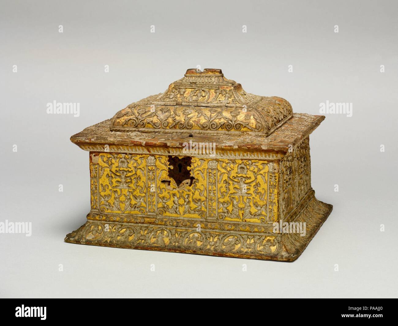 Casket (cassetta). Culture: Italian, Ferrara. Dimensions: Overall: 7 1/4 × 8 1/2 × 10 1/4 in. (18.4 × 21.6 × 26 cm). Date: late 15th-early 16th century.  The variety of fantastic ornament employed for the decoration of this casket was derived from Roman wall decoration. After centuries of burial, these decorations were revealed during the excavations of the Golden house of Nero in Rome, begun about 1480. As they were found underground in grotto-like spaces, they were named grottesche, or grotesques. Museum: Metropolitan Museum of Art, New York, USA. Stock Photo