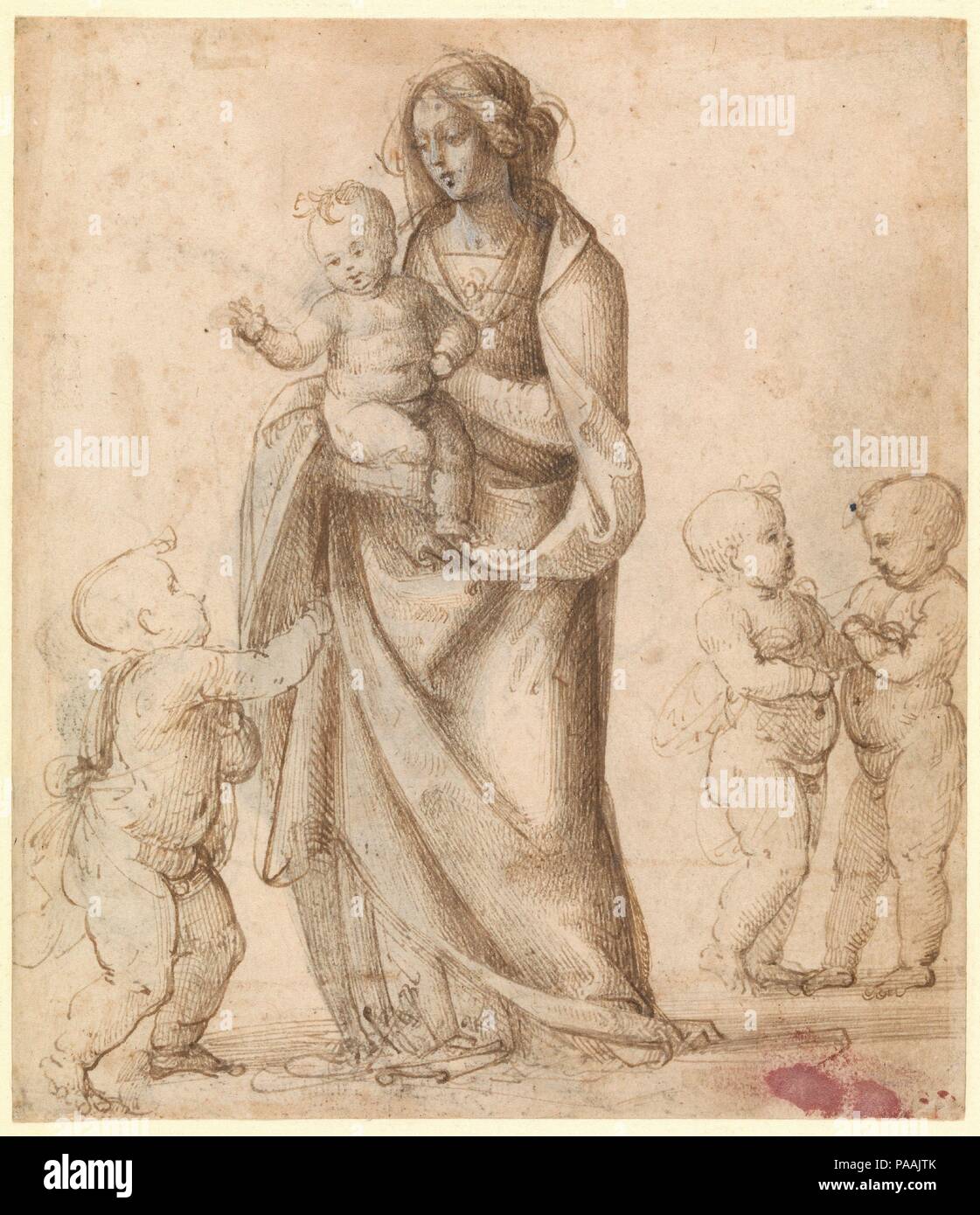 Madonna and Child with the Infant Saint John the Baptist and Two Putti (recto); Madonna and Child with the Infant Saint John the Baptist and a Putto (verso). Artist: Fra Bartolomeo (Bartolomeo di Paolo del Fattorino) (Italian, Florence 1473-1517 Florence). Dimensions: 7 3/8 x 6 7/16 in.  (18.7 x 16.3 cm). Date: 1505-6(?).  This sheet likely served as an exploratory idea for a composition rather than a preparatory study for a particular painting. This drawing sheds light upon Fra Bartolomeo's practice of employing wooden models or puppets, revealed in the Virgin's unarticulated hands and the ar Stock Photo