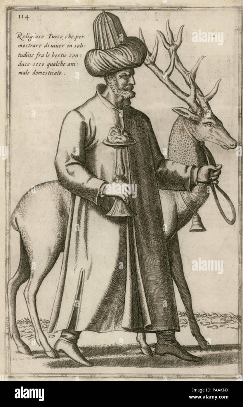214 Religioso Turco che per mostrare di viver in solitudine fra le bestie conduce seco qualche animale domesticato - Nicolay Nicolas De - 1580 Stock Photo