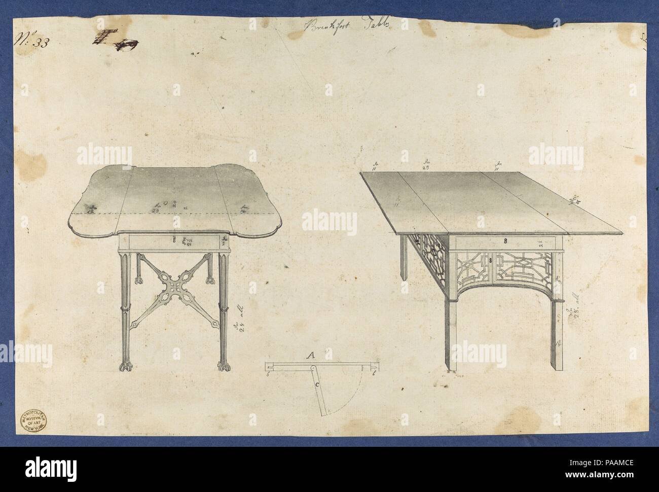 Breakfast Tables, from Chippendale Drawings, Vol. II. Artist: Thomas Chippendale (British, baptised Otley, West Yorkshire 1718-1779 London). Dimensions: sheet: 8 x 12 1/8 in. (20.4 x 30.7 cm). Published in: London. Date: 1754.  Preparatory drawing for Thomas Chippendale's 'Gentleman and Cabinet Maker's Director'. Published in reverse as plate XXXIII in the 1754 and 1755 editions, renumbered as plate LIII in the 1762 edition. Museum: Metropolitan Museum of Art, New York, USA. Stock Photo