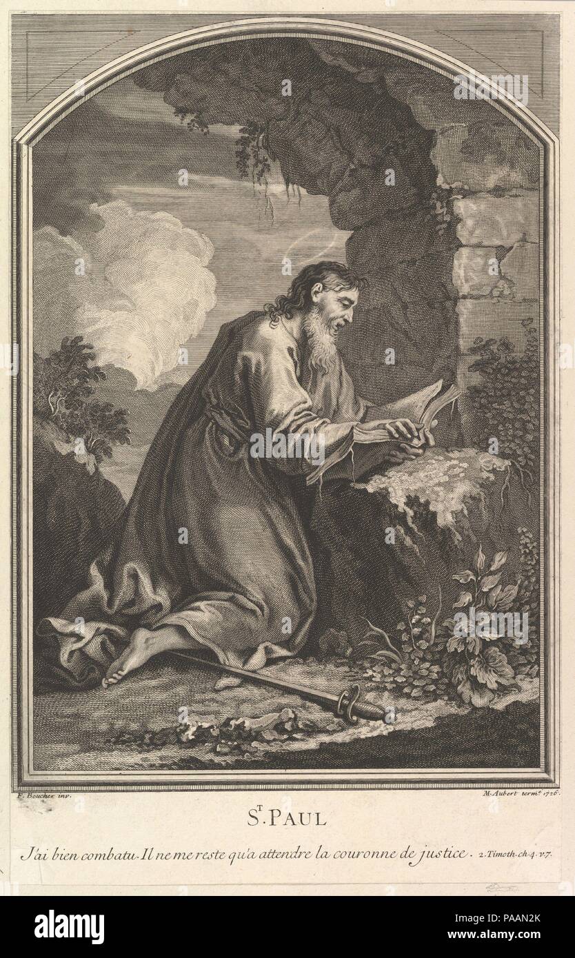 Saint Paul. Artist: After François Boucher (French, Paris 1703-1770 Paris); Michel Aubert (French, 1700-1757 Paris). Dimensions: Sheet (trimmed): 13 1/2 × 8 9/16 in. (34.3 × 21.7 cm). Date: 1726. Museum: Metropolitan Museum of Art, New York, USA. Stock Photo