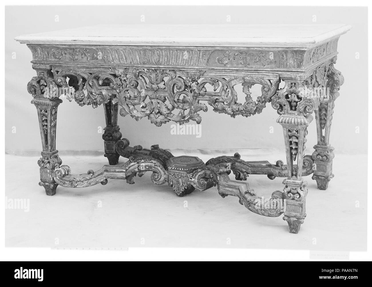 Table. Culture: French. Dimensions: 31 1/2 x 58 x 26 3/4 in. (80 x 147.3 x  67.9cm). Date: late 17th century. With its openwork decoration and X-shaped  stretcher, this table bears a