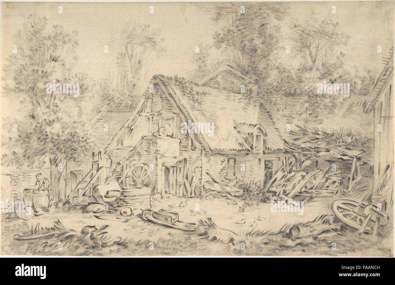 A Cottage. Artist: Imitator of François Boucher (French, Paris 1703-1770 Paris). Dimensions: 10 7/16 x 16 in.  (26.5 x 40.7 cm). Date: n.d.. Museum: Metropolitan Museum of Art, New York, USA. Stock Photo
