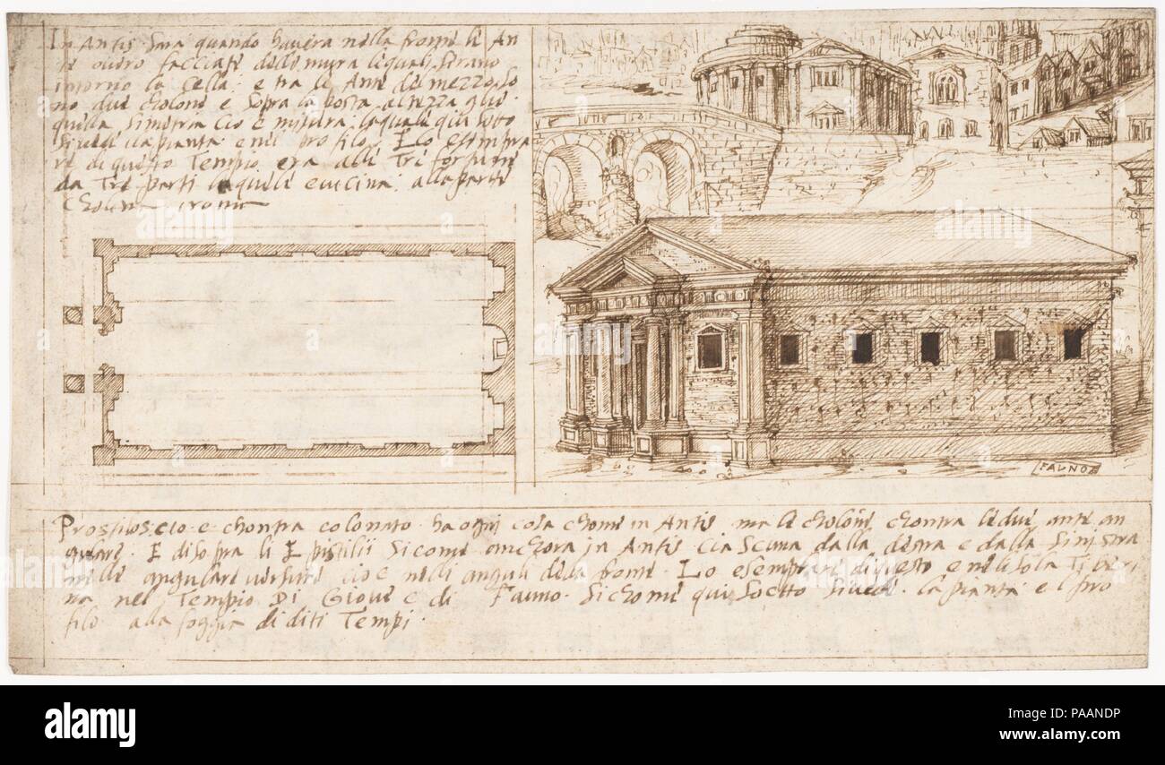 Recto: Temple Types: in Antis and Prostyle (Vitruvius, Book 3, Chapter 2, nos. 2, 3); Verso: Temple Types: Peripteral (Vitruvius, Book 3, Chapter 2, no. 5). Artist: Attributed to a member of the Sangallo family (Florence, ca. 1530-1545). Author: Original Treatise Written by Marcus Pollio Vitruvius (Roman, active late 1st century B.C.). Dimensions: Sheet: 6 1/8 x 10 1/2 in. (15.5 x 26.6 cm). Date: 1530-45.  A recent discovery, this sheet and seven others (acc. nos. 2008.105.1-8) comprised a manuscript draft for an Italian edition of the sole surviving architectural treatise of Roman antiquity,  Stock Photo