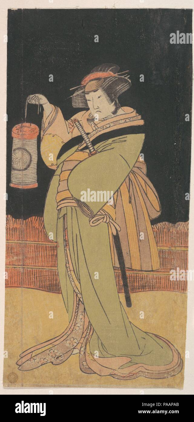 The Second Yamashita Kinsaku as a Woman Standing at Night. Artist: Katsukawa Shunsho (Japanese, 1726-1792). Culture: Japan. Dimensions: 11 7/8 x 5 3/4 in. (30.2 x 14.6 cm). Date: ca. 1779. Museum: Metropolitan Museum of Art, New York, USA. Stock Photo