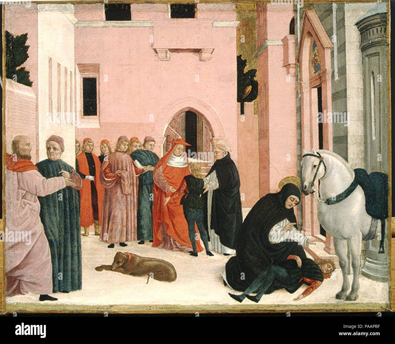 Saint Dominic Resuscitating Napoleone Orsini. Artist: Bartolomeo degli Erri (Italian, Modena, active 1460-79). Dimensions: 14 x 17 1/2 in. (35.6 x 44.5 cm). Date: 1467-74.  Bartolomeo degli Erri and his brother Agnolo were the key artistic personalities in Modena (north of Bologna) during the second half of the fifteenth century, painting three altarpieces for the church of San Domenico there. This picture is from the predella of the main altarpiece and shows Saint Dominic resuscitating the nephew of Cardinal Stefano di Fossa Nova, who had been killed in a fall from his horse. In the backgroun Stock Photo