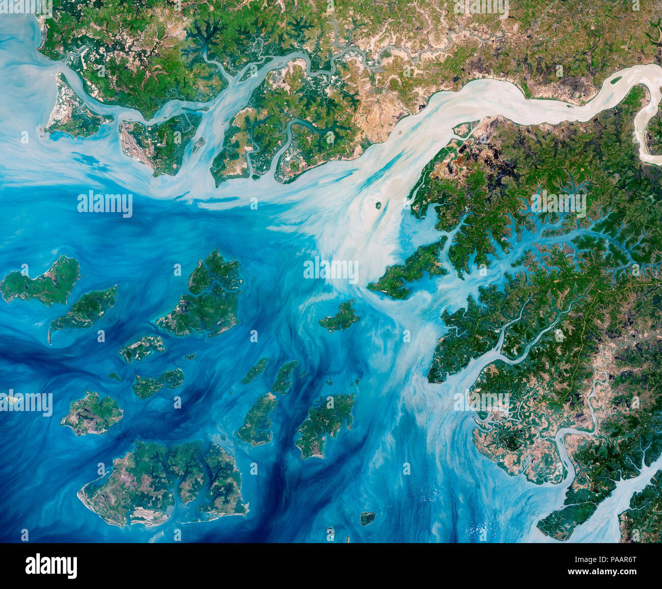 NASA satellite image of river estuaries and islands coastline of Guinea-Bissau, west Africa Stock Photo