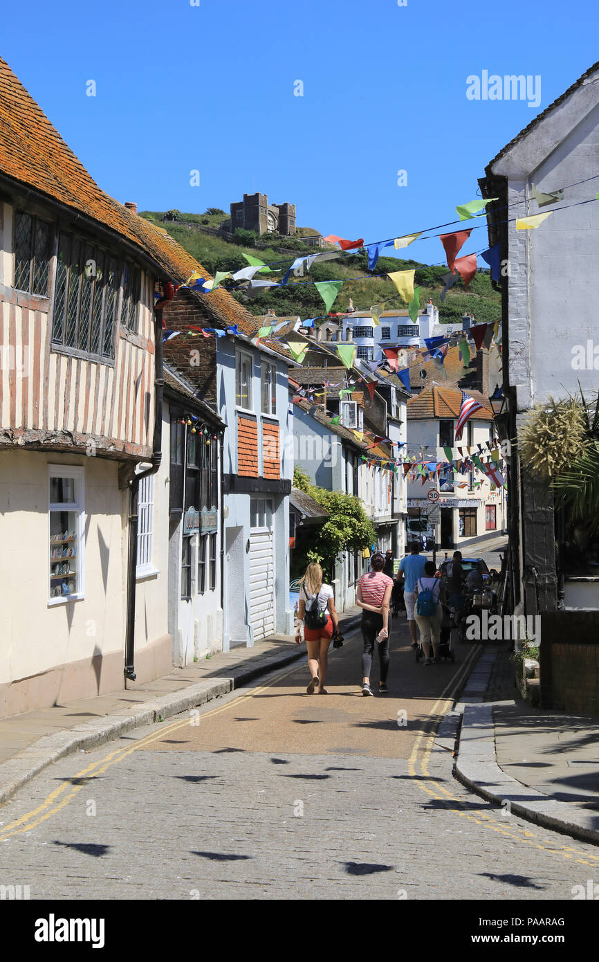 Courthouse Street in Hastings Old Town with the East Hill Lift beyond
